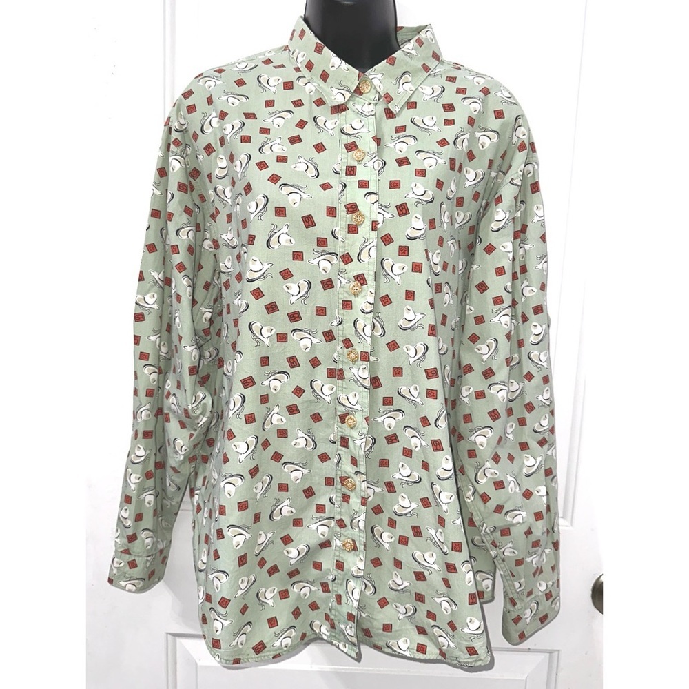Barn Fly Western Button Up Shirt Womens Green Cowboy Hat/Branding